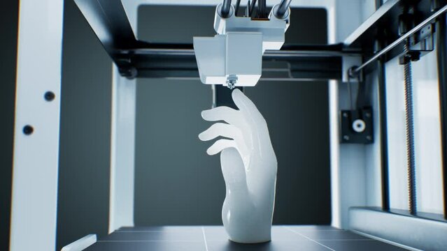 Robot Touching Printed Human Hand in 3d Printer. Abstract Machine Contact Beautiful 3d Animation. Artificial Intelligence Digitalization Futuristic CNC Machine Concept. 4k UHD 3840x2160.