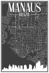 Black vintage hand-drawn printout streets network map of the downtown MANAUS, BRAZIL with highlighted city skyline and lettering