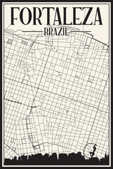 White vintage hand-drawn printout streets network map of the downtown FORTALEZA, BRAZIL with highlighted city skyline and lettering