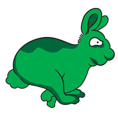 green rabbit without whisker that looks naughty running