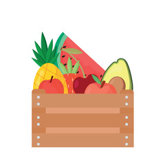 Fresh fruits in wooden box isolated on white background. Flat vector illustration