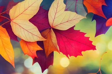 Fototapeta premium Autumn leaves background. Autumn illustration of colorful watercolor banner. 