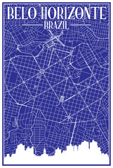 Blue vintage hand-drawn printout streets network map of the downtown BELO HORIZONTE, BRAZIL with highlighted city skyline and lettering
