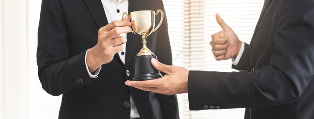 Good job of achievement, happy success asian young businessman, man employee holding golden trophy...