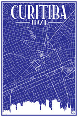 Blue vintage hand-drawn printout streets network map of the downtown CURITIBA, BRAZIL with highlighted city skyline and lettering