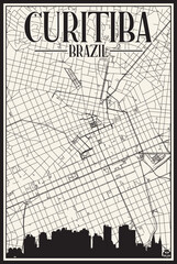 Obraz premium White vintage hand-drawn printout streets network map of the downtown CURITIBA, BRAZIL with highlighted city skyline and lettering