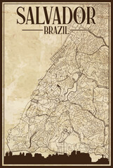 Brown vintage hand-drawn printout streets network map of the downtown SALVADOR, BRAZIL with highlighted city skyline and lettering