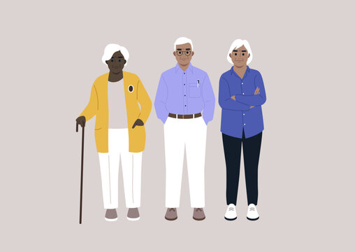 A group of senior adults standing full length, retirement club