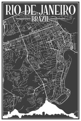 Black vintage hand-drawn printout streets network map of the downtown RIO DE JANEIRO, BRAZIL with highlighted city skyline and lettering