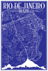 Blue vintage hand-drawn printout streets network map of the downtown RIO DE JANEIRO, BRAZIL with highlighted city skyline and lettering