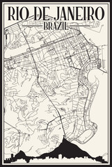 White vintage hand-drawn printout streets network map of the downtown RIO DE JANEIRO, BRAZIL with highlighted city skyline and lettering