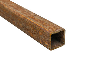Rusty steel square beam from metal stock isolated on white background.