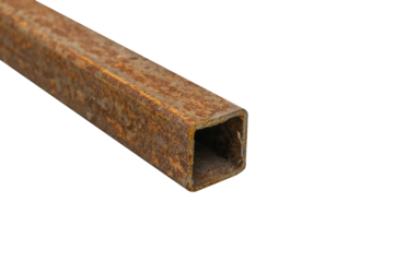 Rusty steel square beam from metal stock isolated on white background.