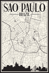 White vintage hand-drawn printout streets network map of the downtown SAO PAULO, BRAZIL with highlighted city skyline and lettering