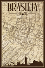 Brown vintage hand-drawn printout streets network map of the downtown BRASILIA, BRAZIL with highlighted city skyline and lettering