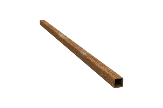 Rusty steel square beam from metal stock isolated on white background.