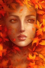 beautiful woman face with autumn leaves decorated. painting style rendering illustration.