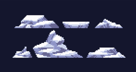 Ice mountain pixel art set. Iceberg, frozen hill collection. Arctic or antarctic rock. 8 bit sprite. Game development, mobile app. Isolated vector illustration.