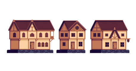 Medieval building pixel art set. Ancient European house collection. Historical urban element. 8 bit sprite. Game development, mobile app.  Isolated vector illustration.