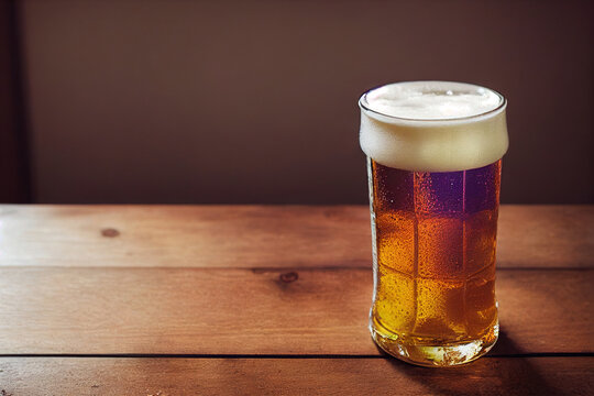 A cold beer in a glass on a wooden table
