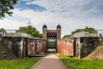 Old industry boat lift floodgate in Ruhr Area, Waltrop, Henrichenburg, Germany, Europe