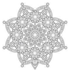 Mandala with gems and jewelry.Coloring book antistress for children and adults. Illustration isolated on white background.