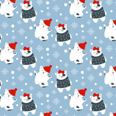 Draw seamless pattern background adorable cat for winter Christmas and New year.Doodle style.