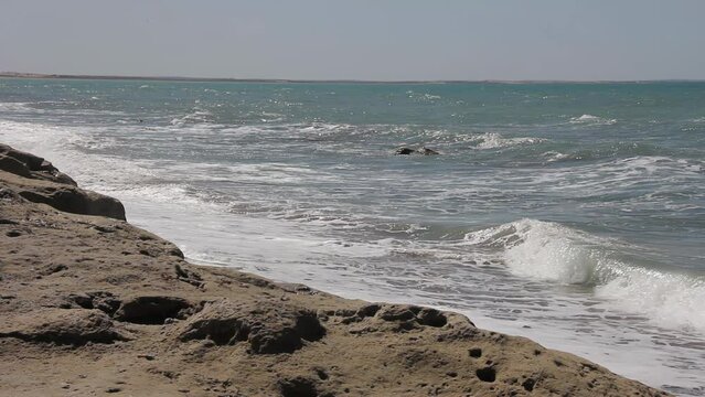 Rocky Beach in Las Grutas, Rio Negro Province, Atlantic Coast, Argentina. 4K Resolution.