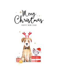 Merry Christmas and Happy New Year card. Watercolor illustration of christmas dog and cat on the white background. 