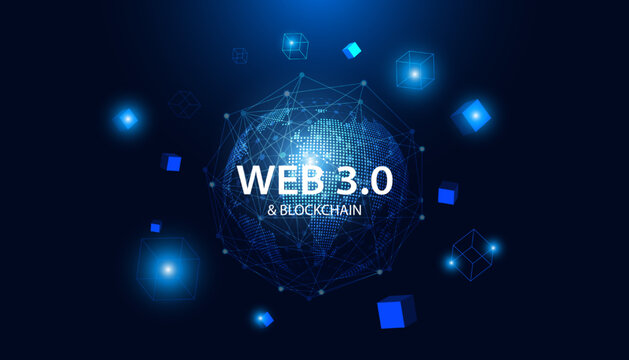 Abstract world technology blue dots modern web 3.0 concept is free access to information or services without intermediaries to control and censorship and blockchain on background.