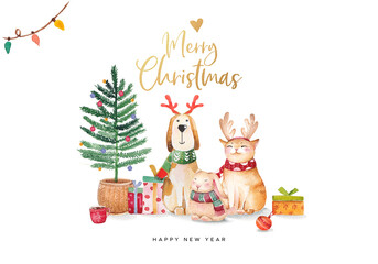 Christmas greeting card with watercolor illustrations of Christmas dog, cat and rabbit. Hand drawing illustrations. Merry Christmas and Happy New Year card. 2023.