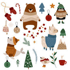 set of isolated winter animals and Christmas elements
