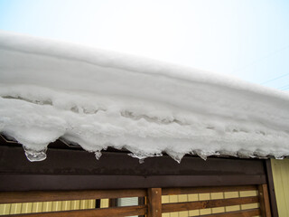 Thick layer of snow on the roof of the house