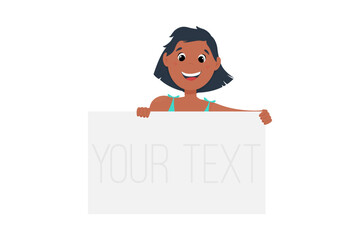 Cheerful positive girl holding a sign for text, smiling and happy child