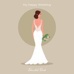 Bride in a beautiful dress with a bouquet of greeting card. Wedding invitation. Vector illustration in flat cartoon style.