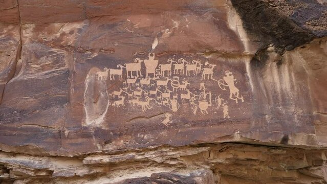 Zooming into The Great Hunt petroglyph rock art panel in Nine Mile Canyon.