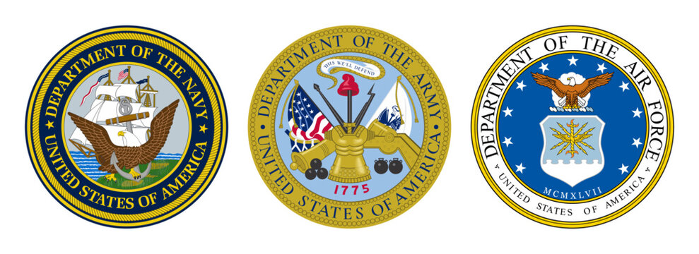 Vector seal of the United States Department of the Navy. US Department of the Army. US Department of the Air Force logo