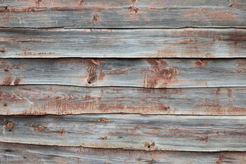 Fragment of an old wall made of gray uneven boards. There are knots, cracks, brown paint residues...