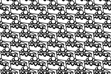 Seamless pattern completely filled with outlines of piece of cake symbols. Elements are evenly spaced. Vector illustration on white background