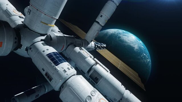 a modern space station in orbit of the earth. the concept of exploring the world and modern technologies of the future