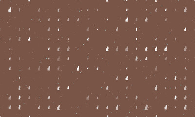 Seamless background pattern of evenly spaced white cat symbols of different sizes and opacity. Vector illustration on brown background with stars