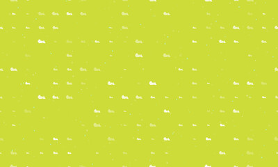 Seamless background pattern of evenly spaced white bulldozer symbols of different sizes and opacity. Vector illustration on lime background with stars