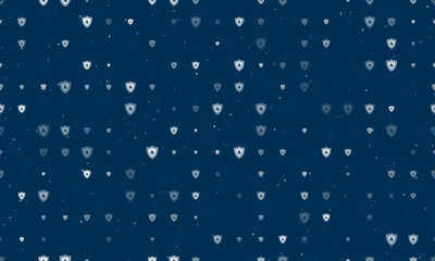Seamless background pattern of evenly spaced white fire protection symbols of different sizes and opacity. Vector illustration on dark blue background with stars