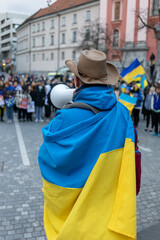 Fototapeta premium demonstration to support Ukraine leader with loudspeaker