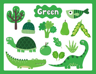 Set of green color objects. Primary colors flashcard with green elements. Learning colors for kids. Vector illustration