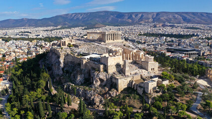 Fototapeta na wymiar Aerial drone photo of iconic Acropolis hill and the Parthenon a Unesco World Heritage Masterpiece of ancient times, Athens historic centre, Attica, Greece