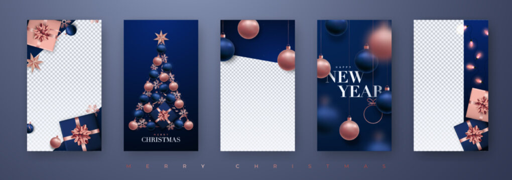 Christmas and New Year stories template. Realistic rose gold and blue decorative elements, gift boxes, balls, star, snowflakes. Vertical banner for social media.