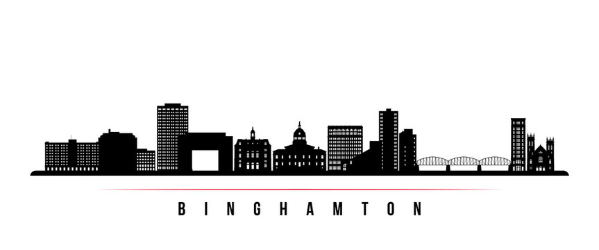 Binghamton skyline horizontal banner. Black and white silhouette of Binghamton, NY. Vector template for your design.