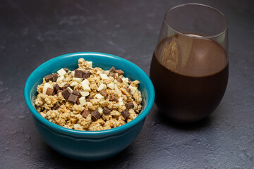Chocolate granola cereals and chocolate milk
