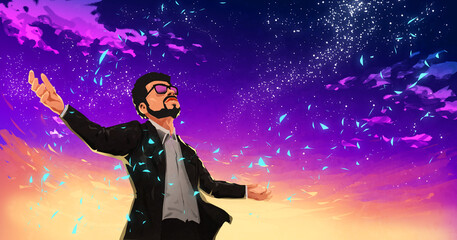 Male Businessman with Particles and beautiful night Sky Illustration 1 - 542494718